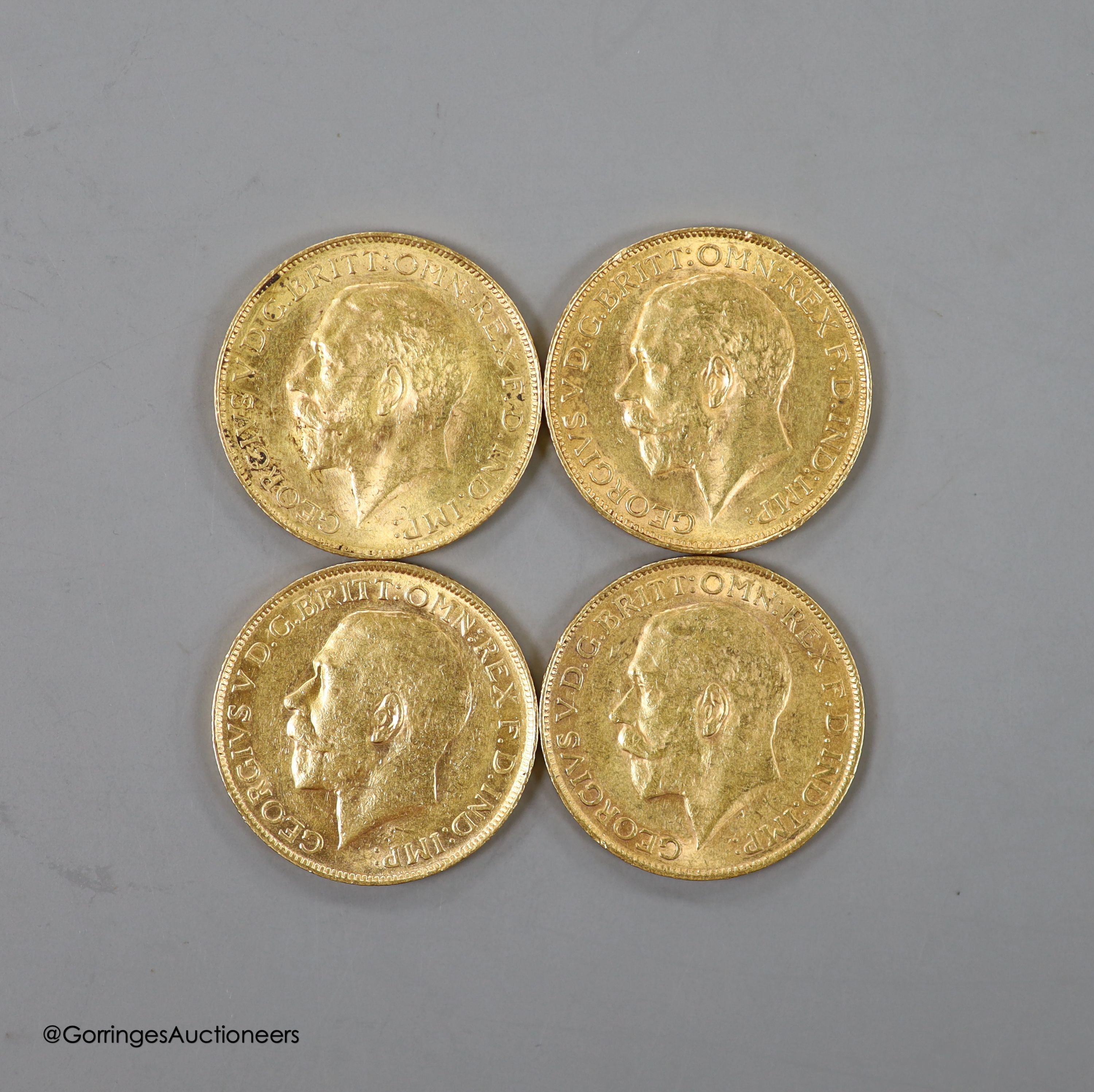 Four George V gold sovereigns, 1918P, 1926SA and two 1927SA